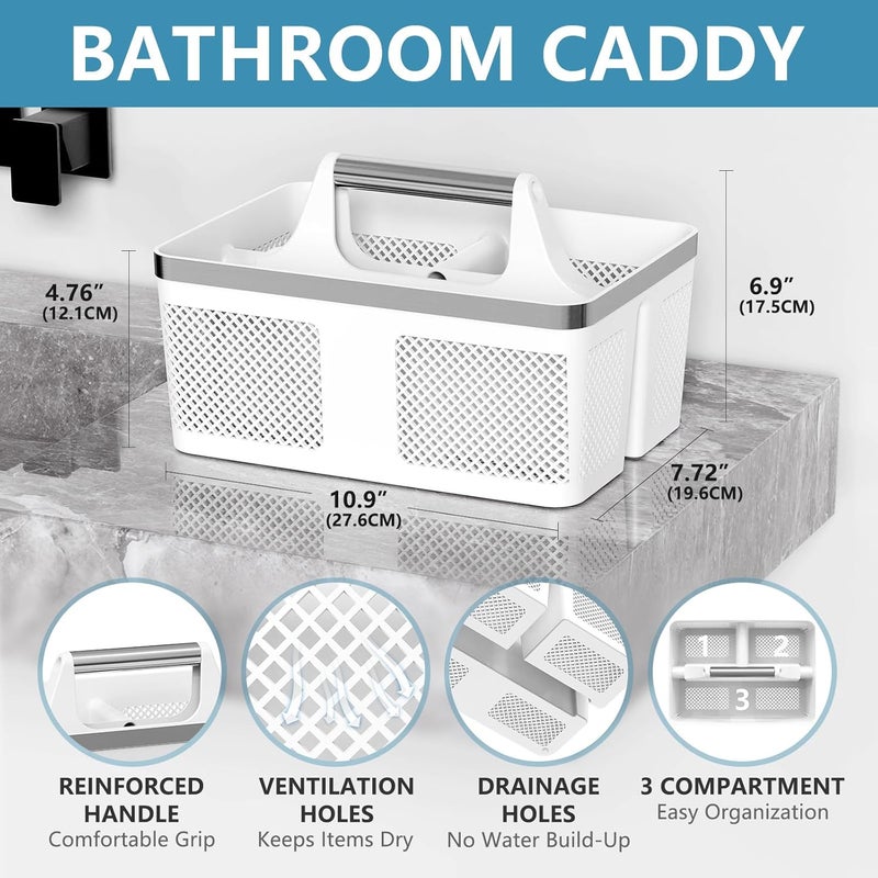 BYUNER Plastic Shower Caddy Dorm: Portable Bathroom Caddy Organizer with Handle and Holes, Cleaning Basket, Hard Shower Basket Storage Tote for Toiletry, College Dorm Room Essentials White/Silver - Image 2